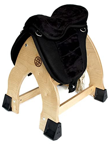 Sattelstuhl Palomino Hobber, Pferdesattelstuhl, Holzhocker für Kinder, Holzgestell mit Ponysattel, Tierstuhl für groß und klein