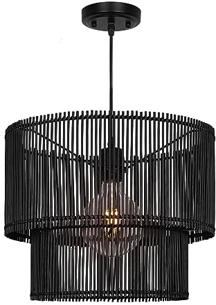 Rosient Woven Rattan Pendant Lamp, 16 Inch Large Natural Simple Hand Weaved Coastal Beach Black Rope Hanging Pendant Light Fixture for Dining Room Living Room Bedroom Kitchen Foyer