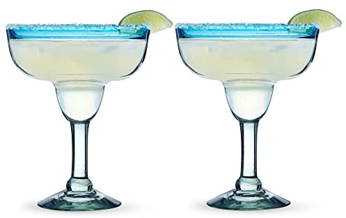 Segunda Vida Primavera Lot de 2 verres à margarita à pied – Verre à margarita à bord bleu fabriqués au Mexique – Verre 100 % recyclé 300 ml