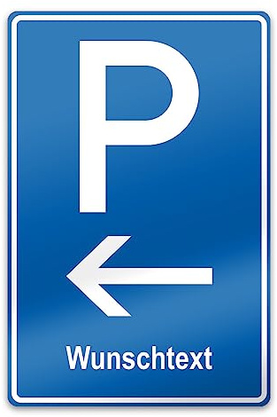 PrintPlanet® Parkschild mit eigenem Text personalisieren - Alu-Dibond 3 mm Weiß - Verschiedene Größen - Parkplatz (P) mit Pfeil (Links) + 1 Textzeile