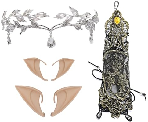 ZOOMPIL Tiara und Elf Ohren Set, Strass Blatt Hochzeit Tiara, Elfe Ohren Set mit Spitzenhandschuhe, für Elfen-Cosplay, Weihnachten, Halloween, Karneval, Partydekorationen Zubehör