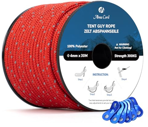 Abma Cord Abspannseile Zeltschnur mit 6 Stück Seilspanner 4mm 30M Zeltseil
