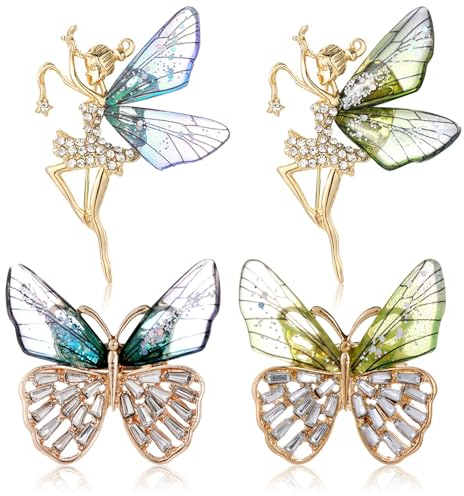 RoadLoo 4 Stück Schmetterling Fee Brosche, Emaille Pin mit Kristall Legierung für Party, Hochzeit und Jahrestag