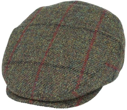 Xposed Herren-Hut aus Harris Tweed, 100% Reiner schottischer Wolle, mit Fischgrätenmuster und Karomuster [HT204-GREEN-S]