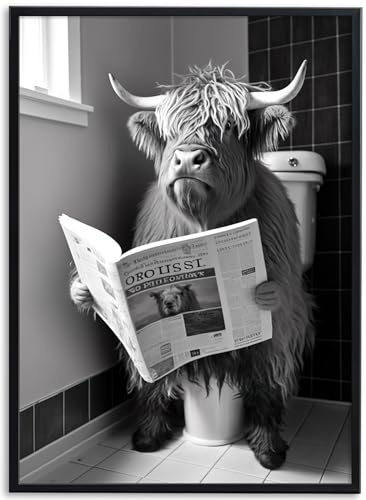 JINZUNRUI JZR-Animal Badezimmer Deko Bilder, Schwarz-weiß Bad Poster A4 Wandbilder, Hochlandrind auf WC Toilette Wand Deko, Lustige Leinwand Badezimmer Bilder- Ohne Rahmen