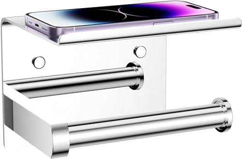 Tindbea Portarrollos de Papel Higiénico con Estante para Teléfono, Portarrollos de Papel Higiénico de Montaje en Pared, Adhesivo o Tornillo, A Prueba de Óxido, Acero Inoxidable (Cromo Pulido)