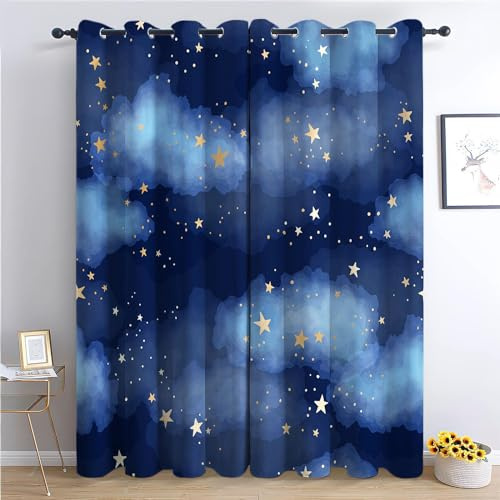 Srigzcaly Kinder Vorhänge 2er Blickdicht Gardinen Thermovorhang Ösenschal Vorhänge 280x245cm(BxH) Nachthimmel Goldene Sterne Verdunklungsvorhang für Büros Wohnzimmer Schlafzimmer Kinderzimmer, Blau