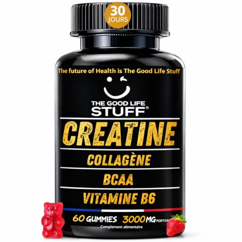 Creatine Monohydrate Gummies 3g/Supplément Creatine Musculation pour la Force, l'Énergie et la Récupération Musculaire Avec Collagene Marin, Vitamine B6 et Pre Workout BCAA/60 Bonbons Créatine 1 mois