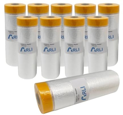 ARLI Goldband Masker 2700 mm x 16 m Abdeckfolie mit Klebeband Malerfolie Baufolie transparent HDPE Folie mit Washi Tape für Abdeckarbeiten im Innen- und Außenbereich (10 Stück/Rollen)
