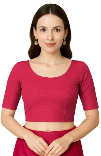 Jaanvi mode dam rund hals bomull dobby lycra armbåge ärm färdig sari blus, Kardinal rosa, XXL