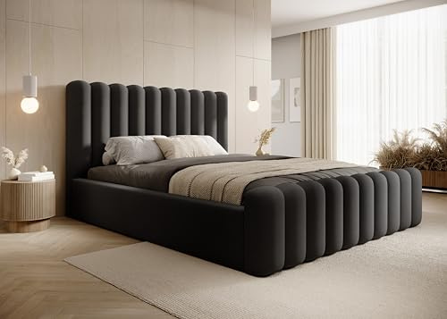 DomiMeble DomoHome- Modernes Polsterbett Mona VII – Komfortables Bettgestell Mit Hochwertigem Polsterstoff, Stauraum Und Dekorativem Halbwalzen-Design Für Jedes Zimmer 180x200 cm, Farbe: Schwarz