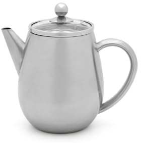 Bredemeijer Teekanne mit Siebeinsatz Edelstahl 0,5 Liter - Silber | Doppelwandige Tee Kanne für bis zu 1 Stunde warmen Tee, Teezubereiter mit Glasdeckel und Teesieb, tropffreies Ausgießen