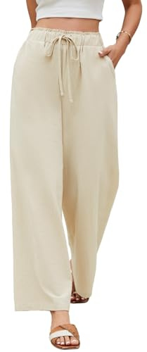 UMIPUBO Pantalon Femme Été Coton Pantalons Fluide Légers Taille Élastique Wide Leg Pants avec Poche Cordon de Serrage Décontractés Casual Jogging Plage (Beige, M)