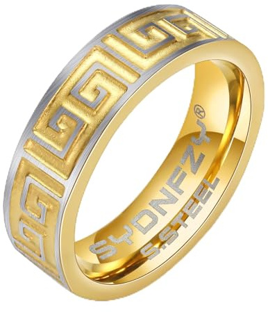 SYDNFZY Mens Wedding Band Ring - Fashion Durable Stainless Steel Engagement Promise Rings for Men Women, 6mm Greek Key Ring for Men Couple Jewelry Gift Ring Size 6 7 8 9 10 11 (Greek key-gold, 9)