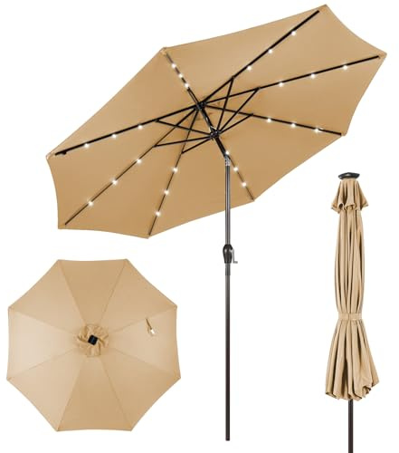 KOMFOTTEU Ombrellone da Giardino 3m, con Luci LED e Manovella, Ombrellone da Balcone Inclinabile Protezione UV, Ombrellone Parasole da Cortile con 8 Osse, per Terrazza, Spiaggia, Piscina