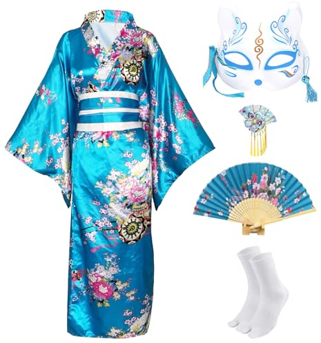 CRFASIBE 5 Pezzi Kimono Giapponese Donna, Tradizionale Giapponese Yukata Geisha Vestaglia, Abito da Stampato Floreale, Cosplay Carnevale Costume Set(Blu Lago)
