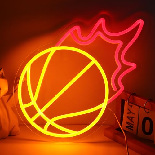WIOSOUL Flame Basketball Neon Sign LED Sport Night Light with Adjustable Brightness, USB Powered Hanging Neon Decor for Home Gym, Sports Bar, Game Room (Flame Basketball)