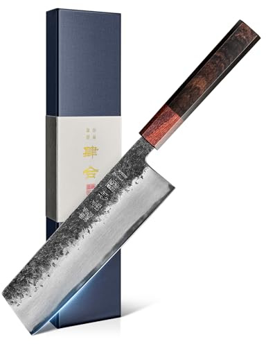 kanngou Nakiri kockkniv, 18 cm, japansk kniv, extra vass kockkniv av AUS-8-stål med ergonomiskt ebenholts och rött trähandtag och presentförpackning