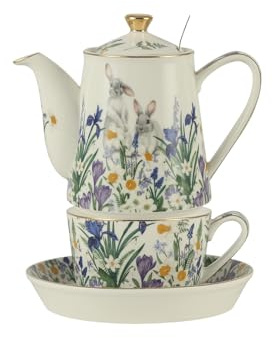 London Pottery Porzellan-Tee-Set mit herausnehmbarem Edelstahl-Teesieb für den Nachmittagstee, britische Teekanne und Tassen und Untertassen, Goldverzierung für losen Tee (Hasen in Irisblüte)