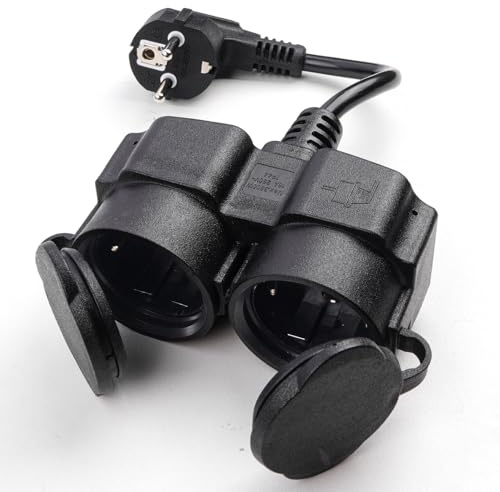 Klarlight Doppelstecker für Steckdose, Verlängerungskabel mit 2 Schuko Steckdosen, Doppelsteckdose außen, Steckdosenadapter 2fach für Haus, Büro, Garten, Außen, 250V/16A IP44, Schwarz