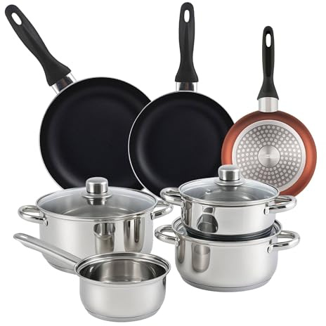 Bistro Series Set de Batería de cocina de 7pc en acero inoxidable + 3 Sartenes Ø16Ø20Ø24cm Cobre metalizado en aluminio prensado