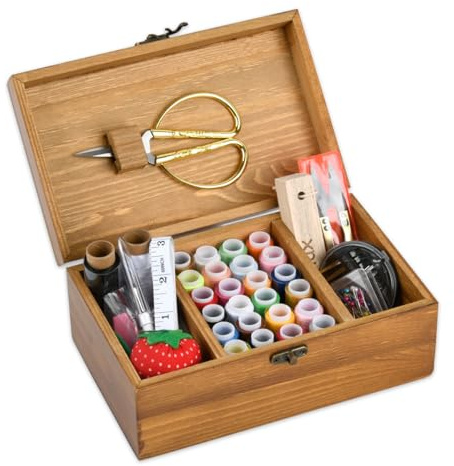 DODUOS Wooden Sewing Box with Sewing Kit Accessories, Sewing Kit Box with Compartments, Portable Sewing Basket, Needle and Thread Kit Sawing Kit Set, Sewing Thread Set for Travel, Camping, Home DIY