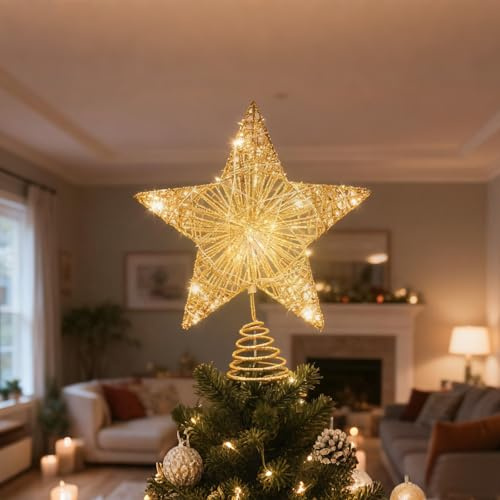 Christmas Tree Topper Star, Gold Wire Glitter Tree Toppers 20 LED Lights Ornaments Topper Metal Design Glittered Christmas Tree Topper Star Warm White Light for Xmas Home Decorations