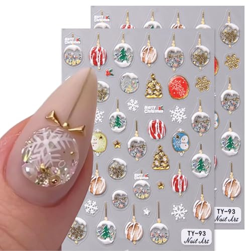 BelleFlair 2 Stück Nagelsticker Weihnachten 5D Nagelaufkleber Winter Schneeflocken Schneemann Design Kristallkugel Weihnachtsbaum Nageltattoos für Nail Art Nagel Deko Silvester Kinder