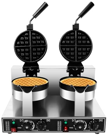 CHINEGER 2400W Commercial Double Waffle Maker 7.9in Pan Dual-Head Chaffle Maker Stainless Steel Non-Stick Waffle Making Machine with 0-5min Timer & 122-572℉ Temp for Restaurant Snack Shop