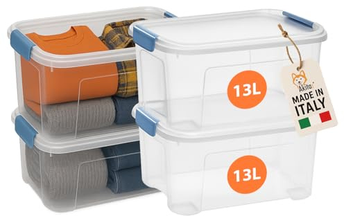 AKITAInk Set 4 Contenitori 13L Plastica Trasparenti con Clip di Bloccaggio – Scatole Salvaspazio 38.9x27.7x19.5 cm Impilabili per Casa, Ufficio, Armadi e Ripostigli