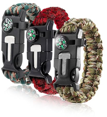 THQAE 3pcs Pulsera de Supervivencia,Multifuncional Pulsera,Con Flint Brújula Silbato,Adecuado para Senderismo,Acampada,Montañismo y Actividades al Aire Libre