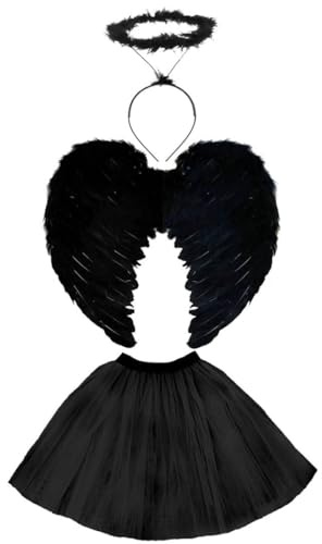 Disfraz de ángel oscuro para adultos, tutú negro, alas de plumas negras, halo de marabú en la diadema, disfraz de Halloween para mujer