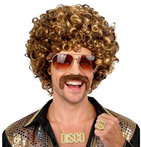 Feithmonic Afro Perücke Herren braun, Afro Locken Perücke kurz | 5-teiliges Set, 70s 80er Jahre Outfit Herren Perücke Disco mit Halskette, Brille, Bart, Ring, für Halloween Karneval Fasching