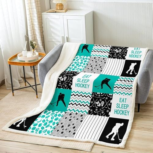 DSJFKJ Teens Ice Hockey Throw Blanket, Sports Games Blanket, Puck Player Sherpa Flannel Blanket for Boys Teens Adult Bedroom, Geometric Ripple Checkered Plush Bed Blanket, Teal Blue 60x80
