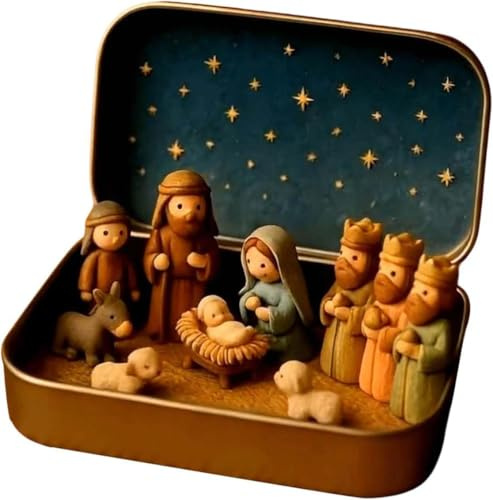 2026 New Mini Christmas & Easter Nativity Set in a Tin Box - Mini Easter Jesus Classic Scenes - Small Pocket Nativity Sets & Figures, Easter Decoration Indoor for Home Gifts Decor (1, D)