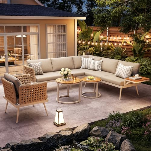 ZKLOEP Juego de sofá de jardín para seis personas, con reposabrazos trenzados a mano, de hierro, resistente a la intemperie, incluye 2 mesas de café y sillones de madera, con tapicería, gris/beige
