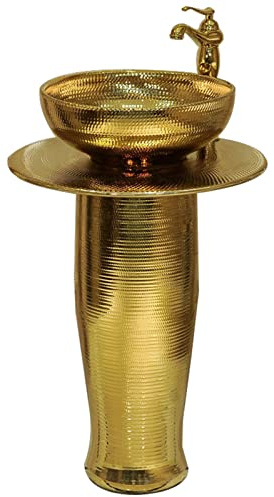 LQAIomn Pedestal Sink, Elegant One Piece Pedestal Sink Gold Round Freestanding Sink, Modern Ceramic Pedestal Basin, 16 Inch Pedestal Washbasin, Bathroom Vanit(Without Mirror)