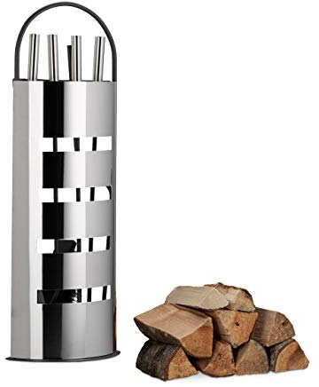 Relaxdays Accessori Camino, 5 Accessori, Moderno, Porta-Attrezzi, Paletta, Scopetta, Pinza, Attizzatoio, Grigio-Argento