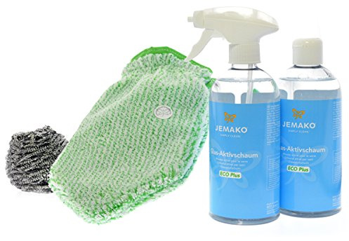 Jemako Set aus Reinigungshandschuh und Glasaktivschaum inkl. Edelstahlspirale (1000 ml)