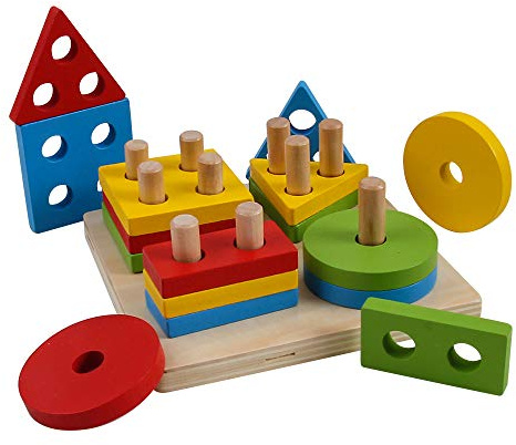 B&Julian® Steckpuzzle Steckspiel Sortierspiel Stapelspiel Holzpuzzle Motorikspielzeug 17tlg.Geometerie Holz Puzzle für Kinder ab 12 Monate