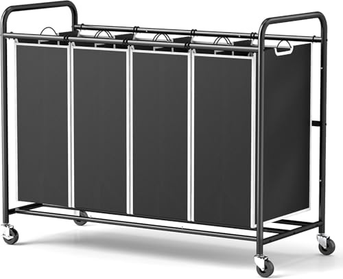 ROMOON 4 Bag Laundry Sorter Cart, Laundry Hamper Sorter with Heavy Duty Rolling Wheels for Clothes Storage, Black