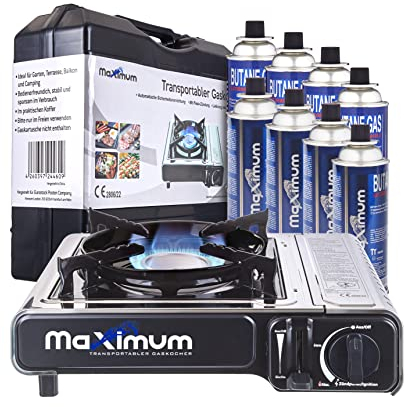 MaXimum Premium Edelstahl Gaskocher mit Tragekoffer + 8 MaXimum Gas Kartuschen