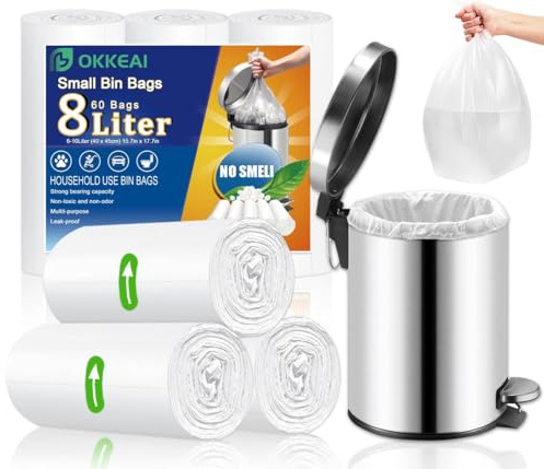 OKKEAI Bolsas de basura pequeñas con pedales, bolsas de basura blancas de 8 l, bolsas de basura de plástico, bolsas de basura transparentes para inodoro, oficina, para 6L, 7L, 8L, 9L, 10L