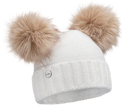 ELIMELI Winter Damen Mütze mit Zwei Bommeln - warme Wintermütze mit kunstfell Bommel - Slouch Beanie Damen - Bommelmütze für Damen - Fleece gefütterte Damenmütze (Weiß)