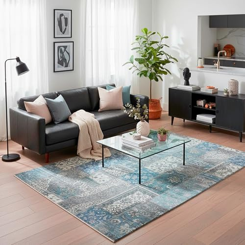 Kelim Patchwork Teppich Blau 230 X 320 cm - Maschinenwaschbar - Moderner Kurzflor Wohnzimmer Teppich - Super Soft