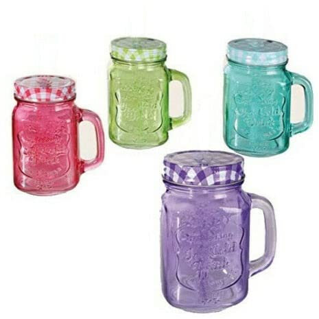 TRTO SET OF 4 JAM JAR MASON GLASSES WITH HANDLE LID JUICE DRINK 500ML GLASS EASY TO USE AND CLEANS