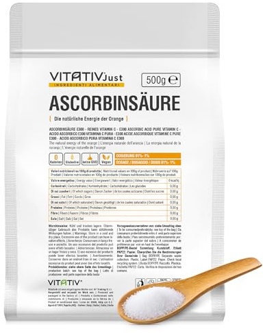 Acido Ascorbico Vitamina C Pura VITATIV JUST 500 Grammi | Acido L-Ascorbico E300 in Polvere | Grado Pharma 500 gr …