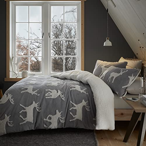 Catherine Lansfield Bedding Hirsch Sherpa-Jacquard-Bettwäsche-Set mit Kissenbezügen, Doppelbett, Grau