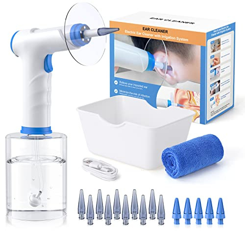 Ear Wax Removal, Electric Ear Cleaning Kit with Light, FSA-HSA-Eligible, Ear Irrigation Kit with 4 Pressure Modes, Safe and Effective Ear Flush Kit with Ear Cleaner - Includes Basin, Towel & 15 Tips