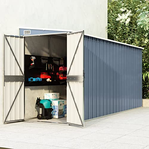 Gecheer Wand Geräteschuppen Metall Gerätehaus Gartenhaus Gartenschuppen Lagerschuppen Gartenschrank Metall-Schrank Metallgerätehaus Schuppen mit Sperrfunktion Grau 118x382x178 cm Verzinkter Stahl